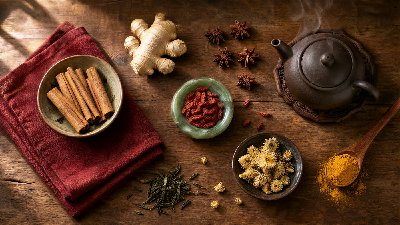 La dispensa di Nonna Yun: cannella di Ceylon, zenzero, anice stellato, bacche di goji, teiera