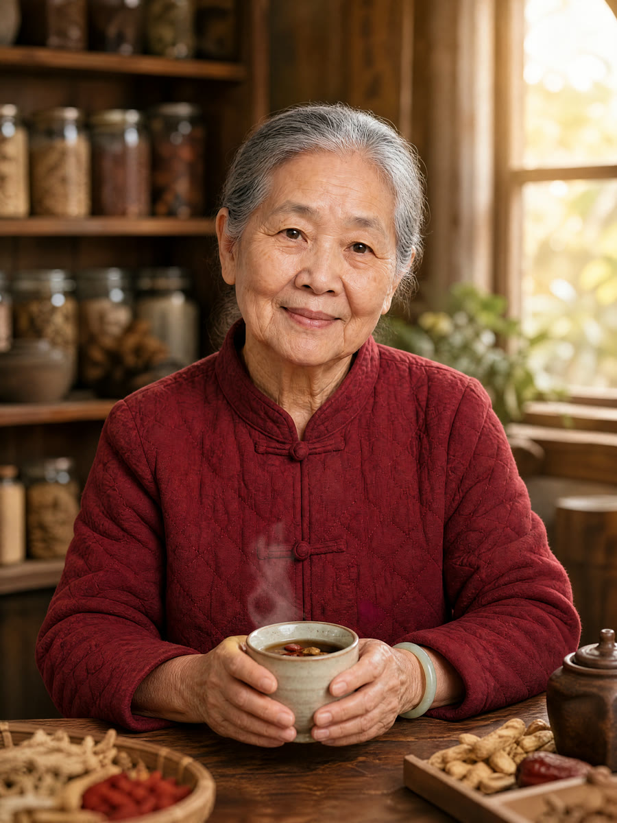Nonna Yun nella sua cucina con una tazza di tisana fumante