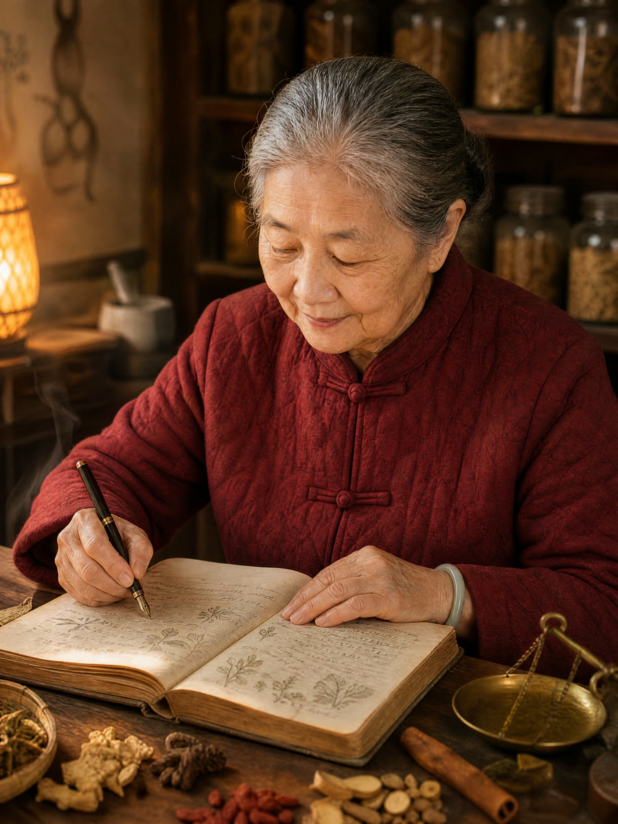 Nonna Yun scrive a mano il quaderno dei rimedi di famiglia